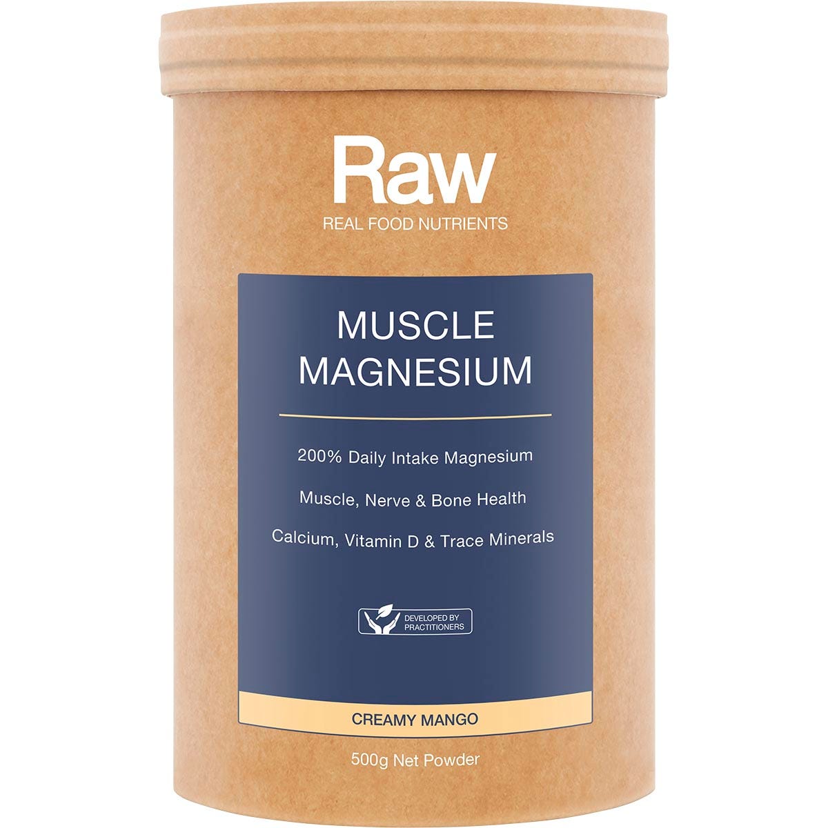 500g tub of Amazonia Raw Muscle Magnesium Creamy Mango powder with botanical illustrations on a white background.