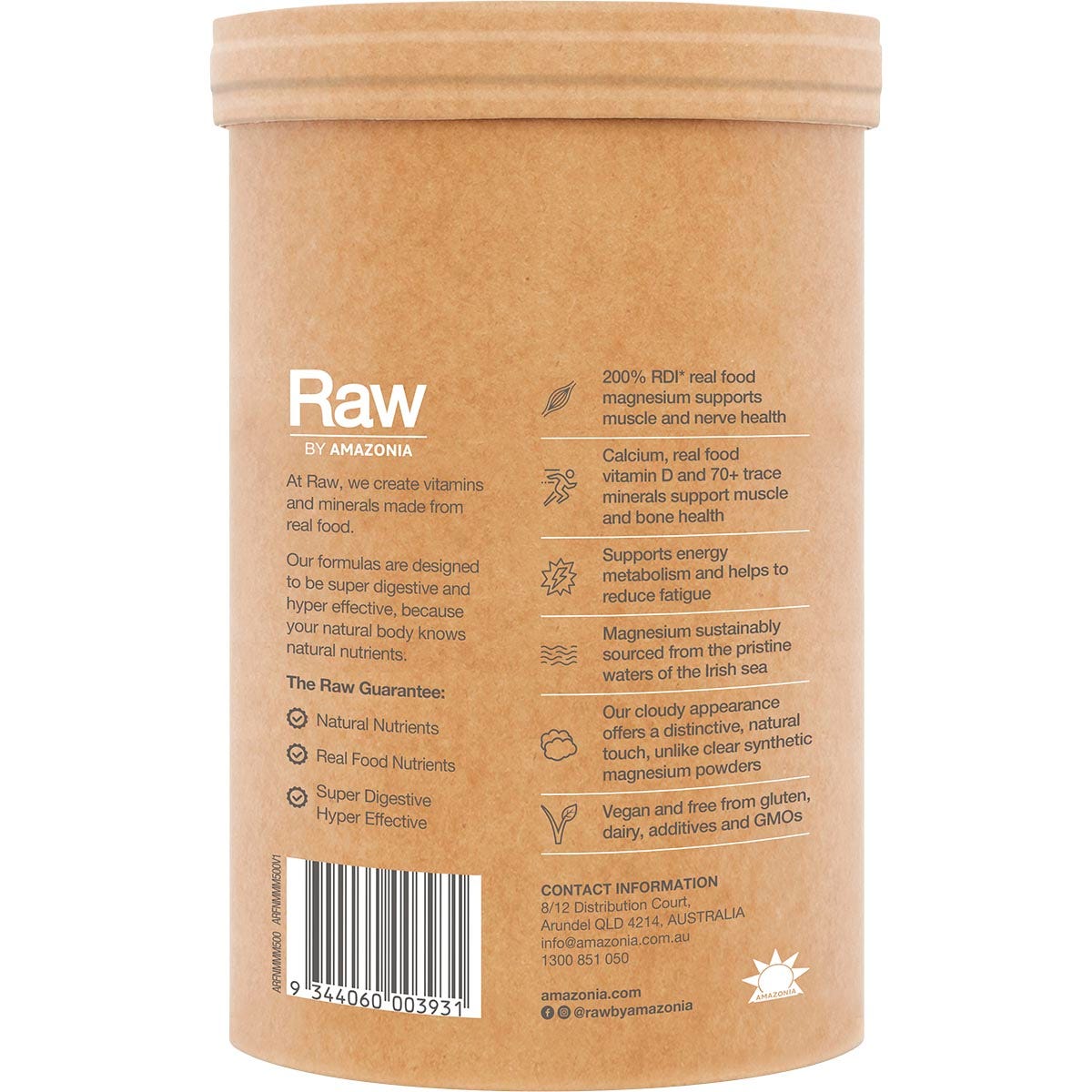500g tub of Amazonia Raw Muscle Magnesium powder in Creamy Mango, angled to show the side label and benefits.