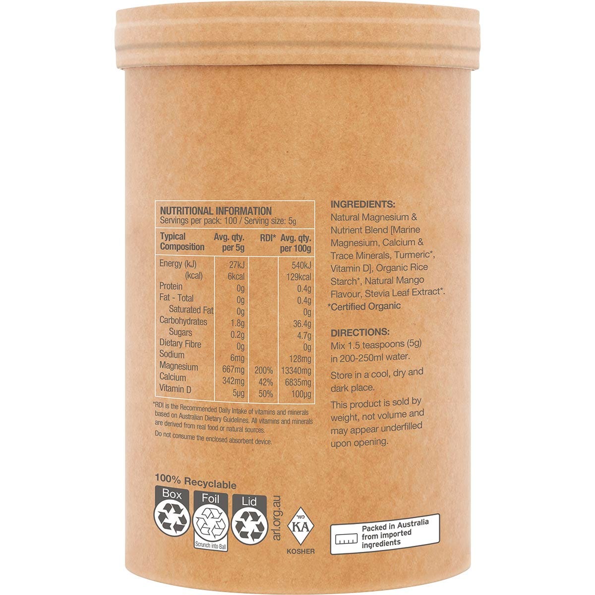 500g tub of Amazonia Raw Muscle Magnesium Creamy Mango, angled to show the right side label and nutritional information.