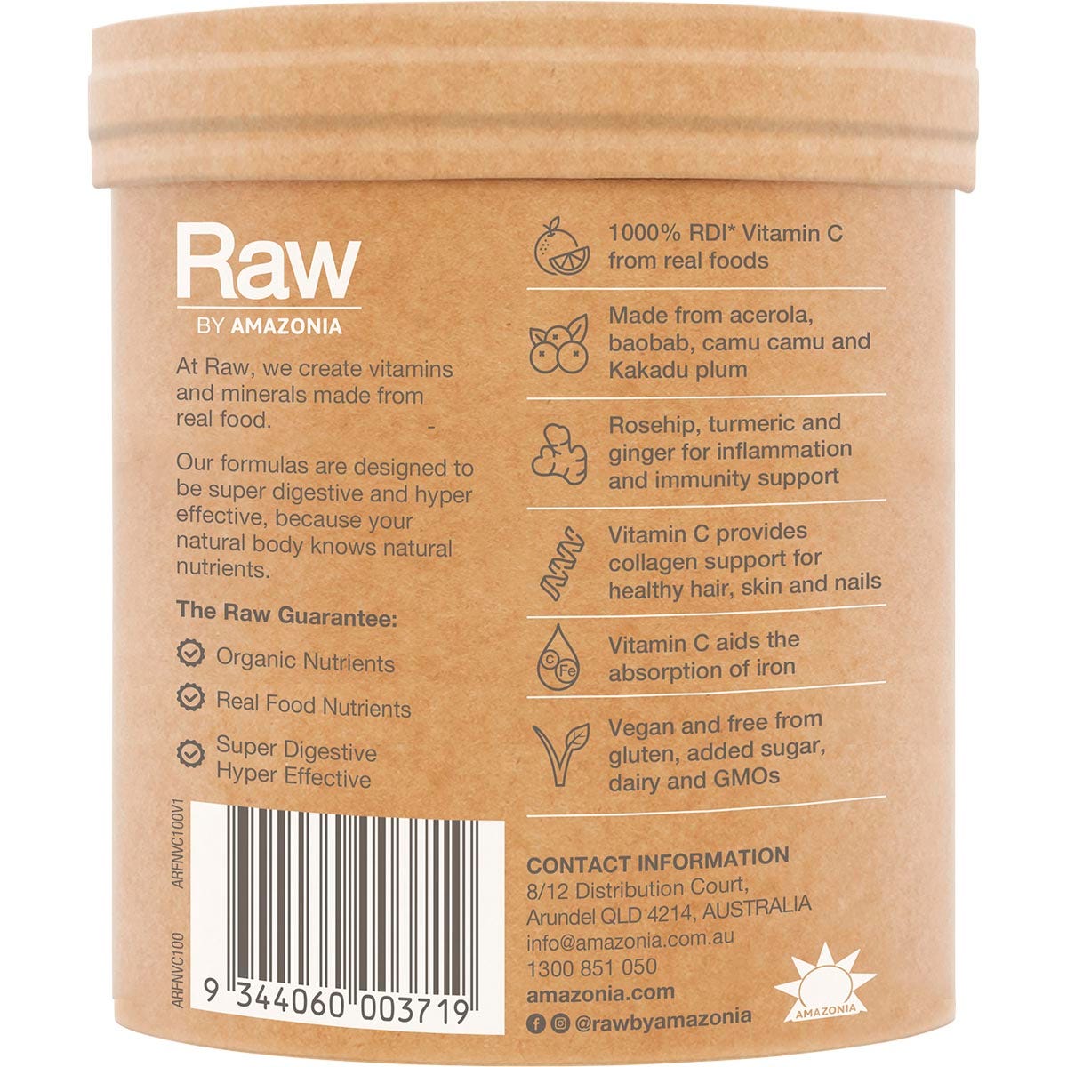 Left-angled 100g tub of Amazonia Raw Organic Vitamin C Passionfruit showing its botanical design on a white background.