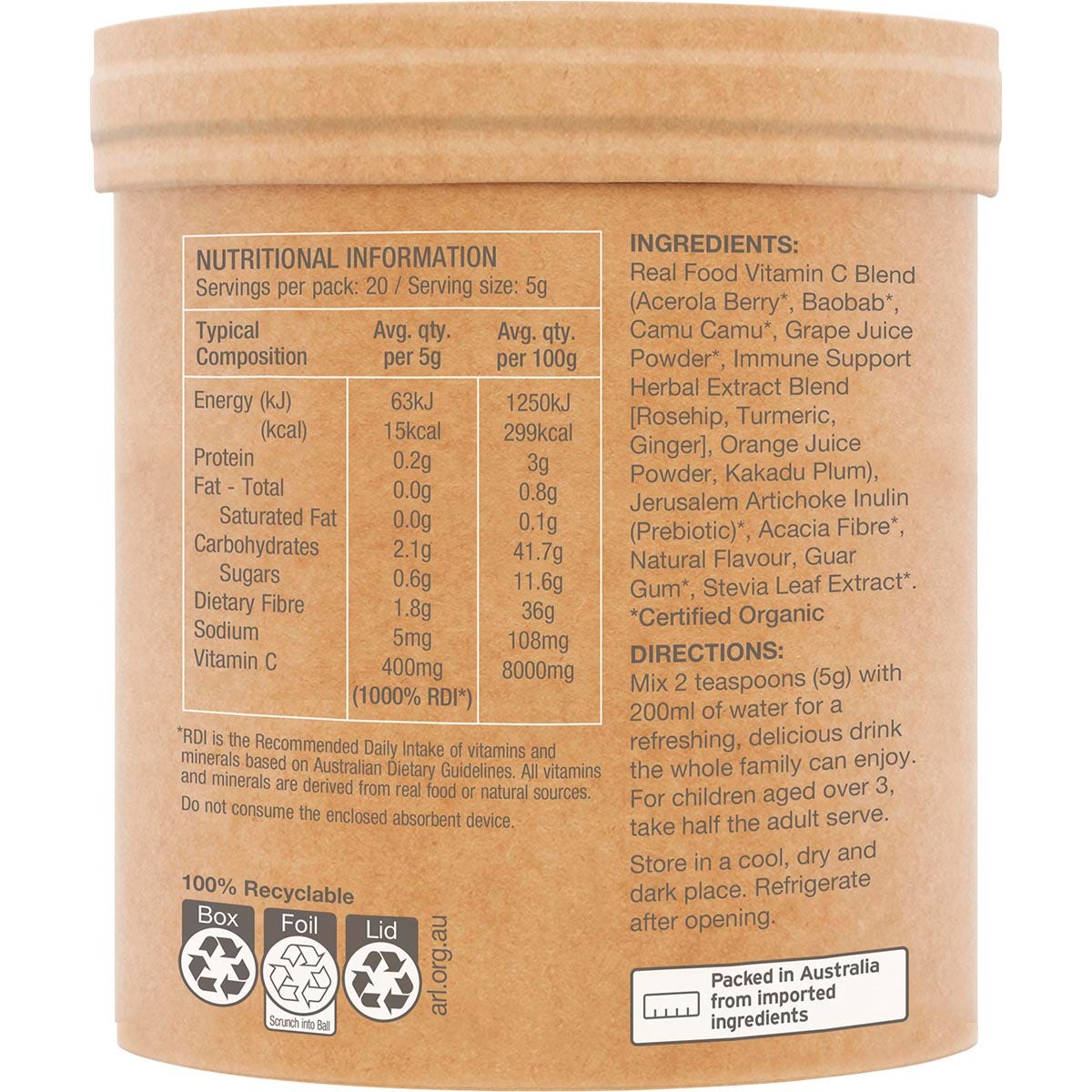 Right-angled 100g tub of Amazonia Raw Organic Vitamin C Passionfruit showing its botanical design on a white background.