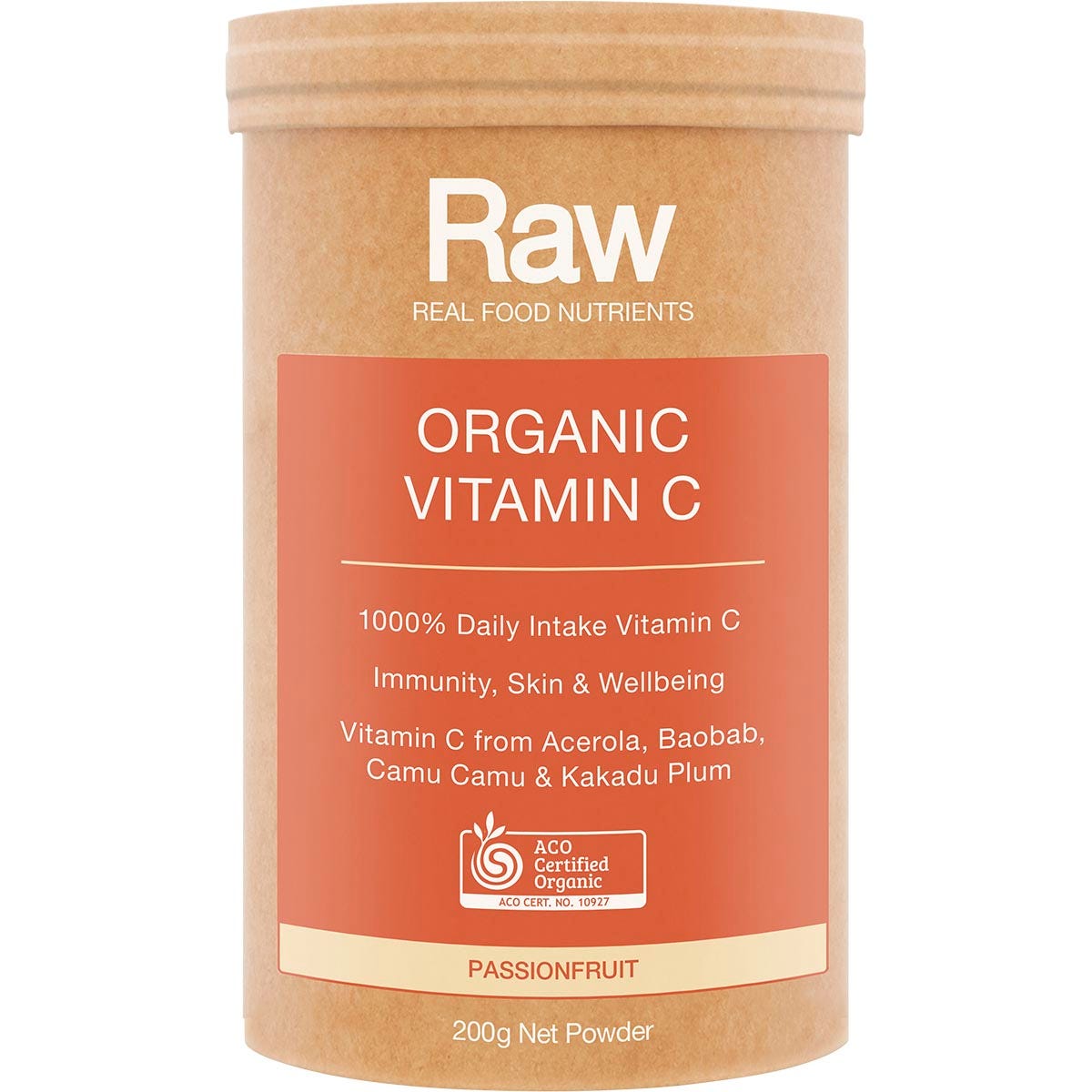 200g tub of Amazonia Raw Organic Vitamin C Passionfruit featuring a orange label and botanical illustrations.
