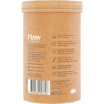 Side view of an Amazonia Raw Organic Vitamin C 200g tub with a orange label and botanical illustrations.
