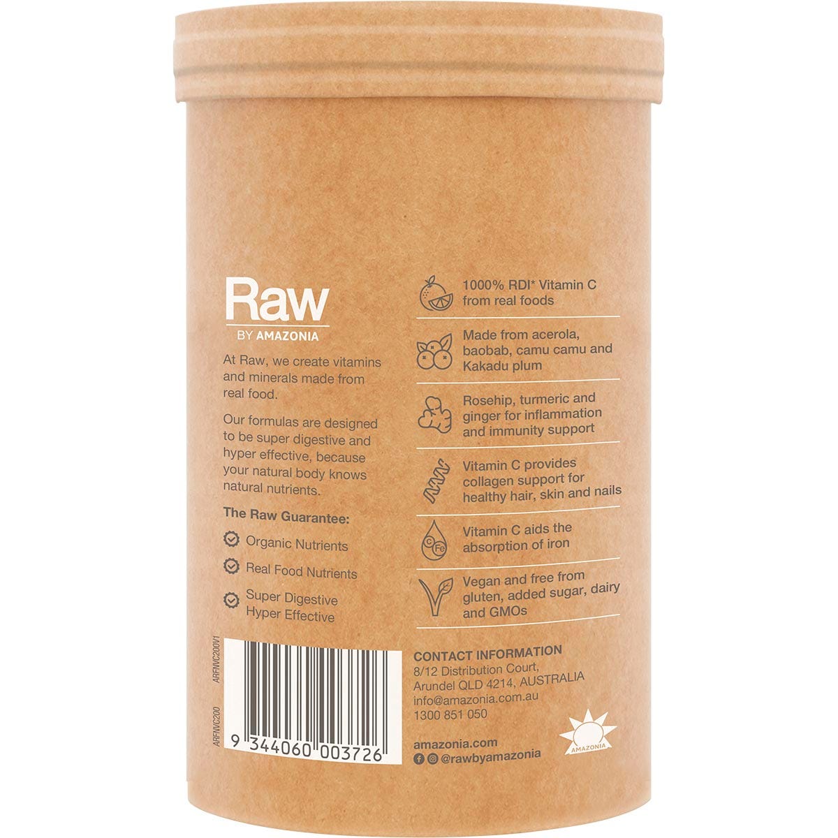 Side view of an Amazonia Raw Organic Vitamin C 200g tub with a orange label and botanical illustrations.