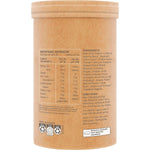 Side view of Amazonia Raw Organic Vitamin C 200g tub with an orange label and botanical illustrations.