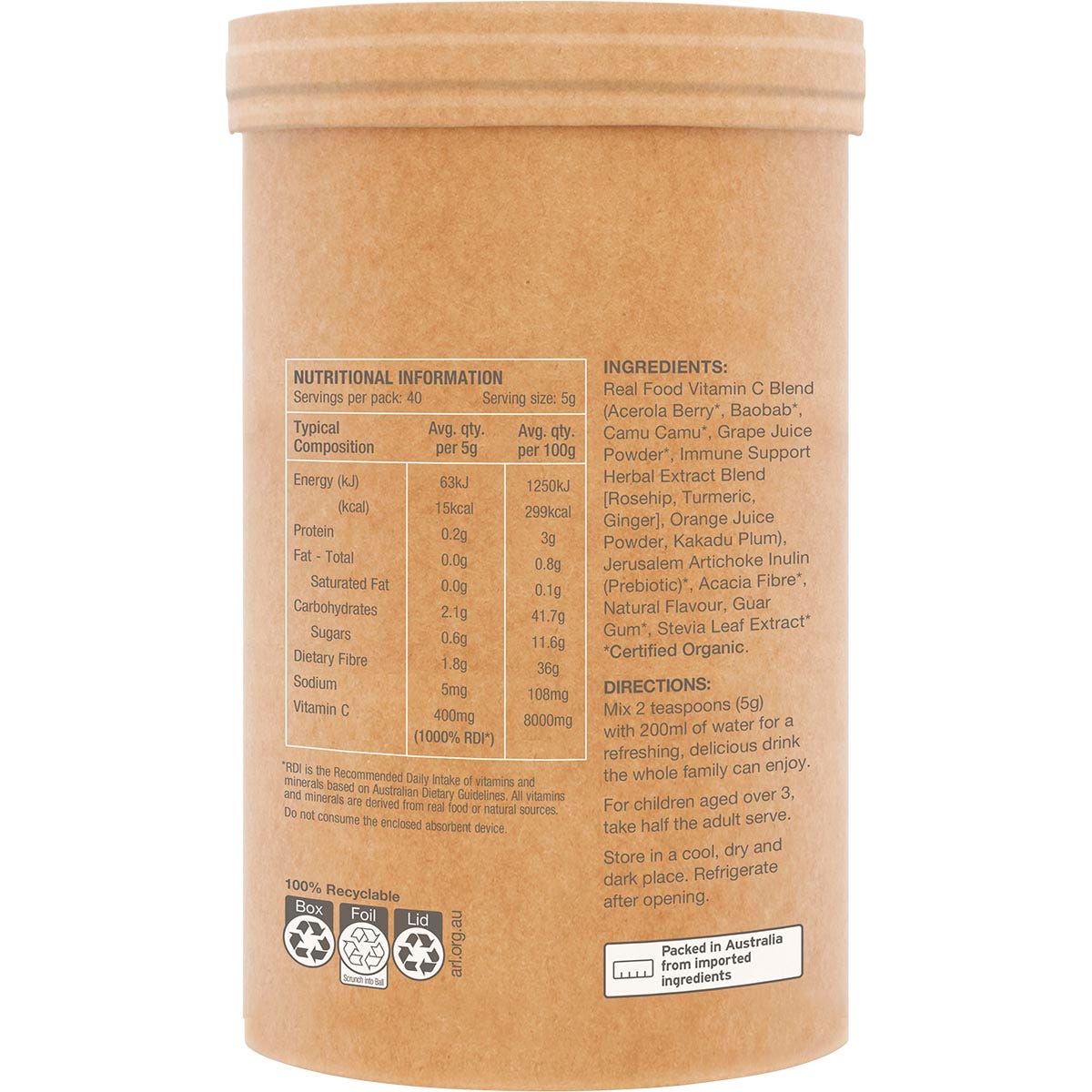 Side view of Amazonia Raw Organic Vitamin C 200g tub with an orange label and botanical illustrations.