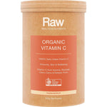 500g tub of Amazonia Raw Organic Vitamin C Passionfruit with botanical illustrations on a white background.