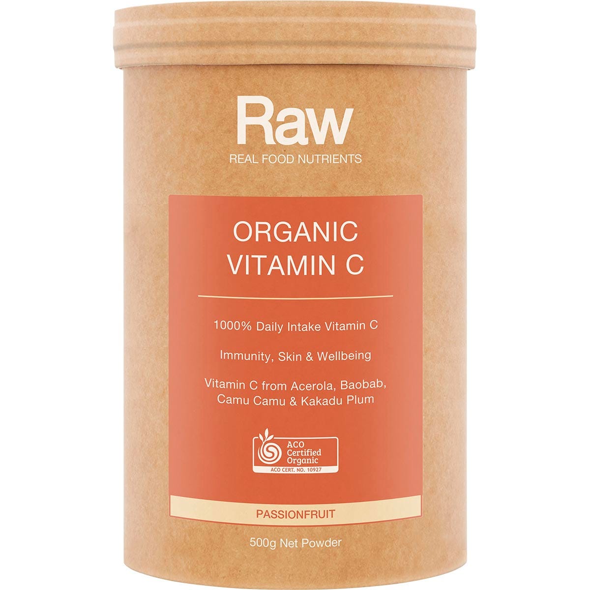 500g tub of Amazonia Raw Organic Vitamin C Passionfruit with botanical illustrations on a white background.