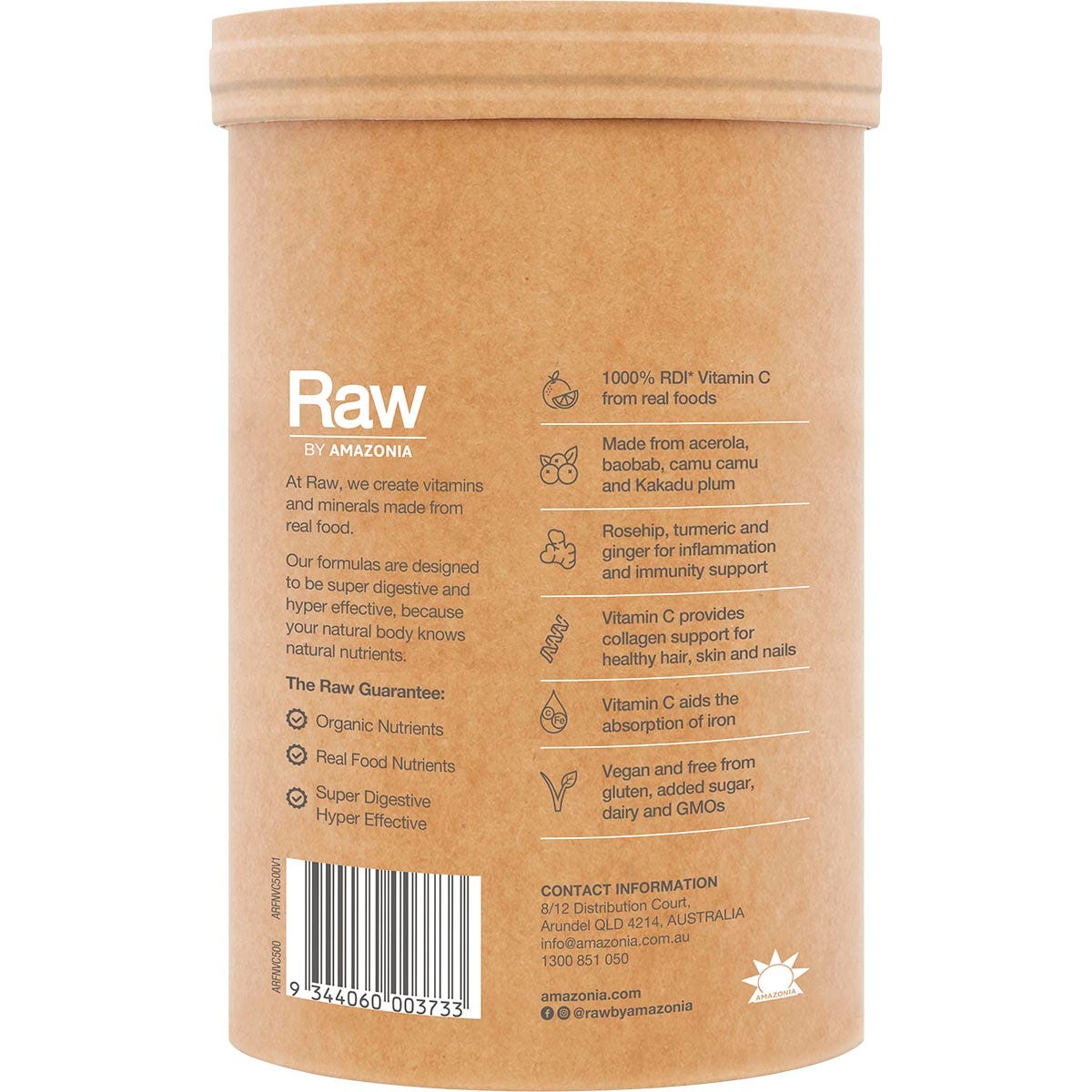500g tub of Amazonia Raw Organic Vitamin C Passionfruit shown from a side angle on a white background.