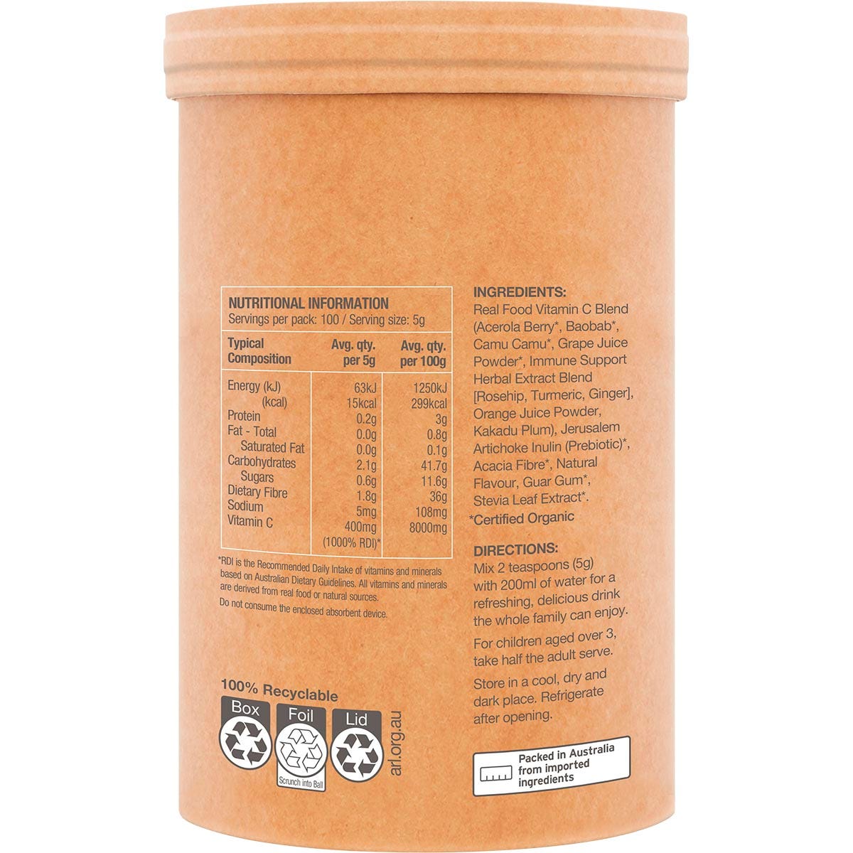 500g tub of Amazonia Raw Organic Vitamin C Passionfruit shown from a side angle on a white background.