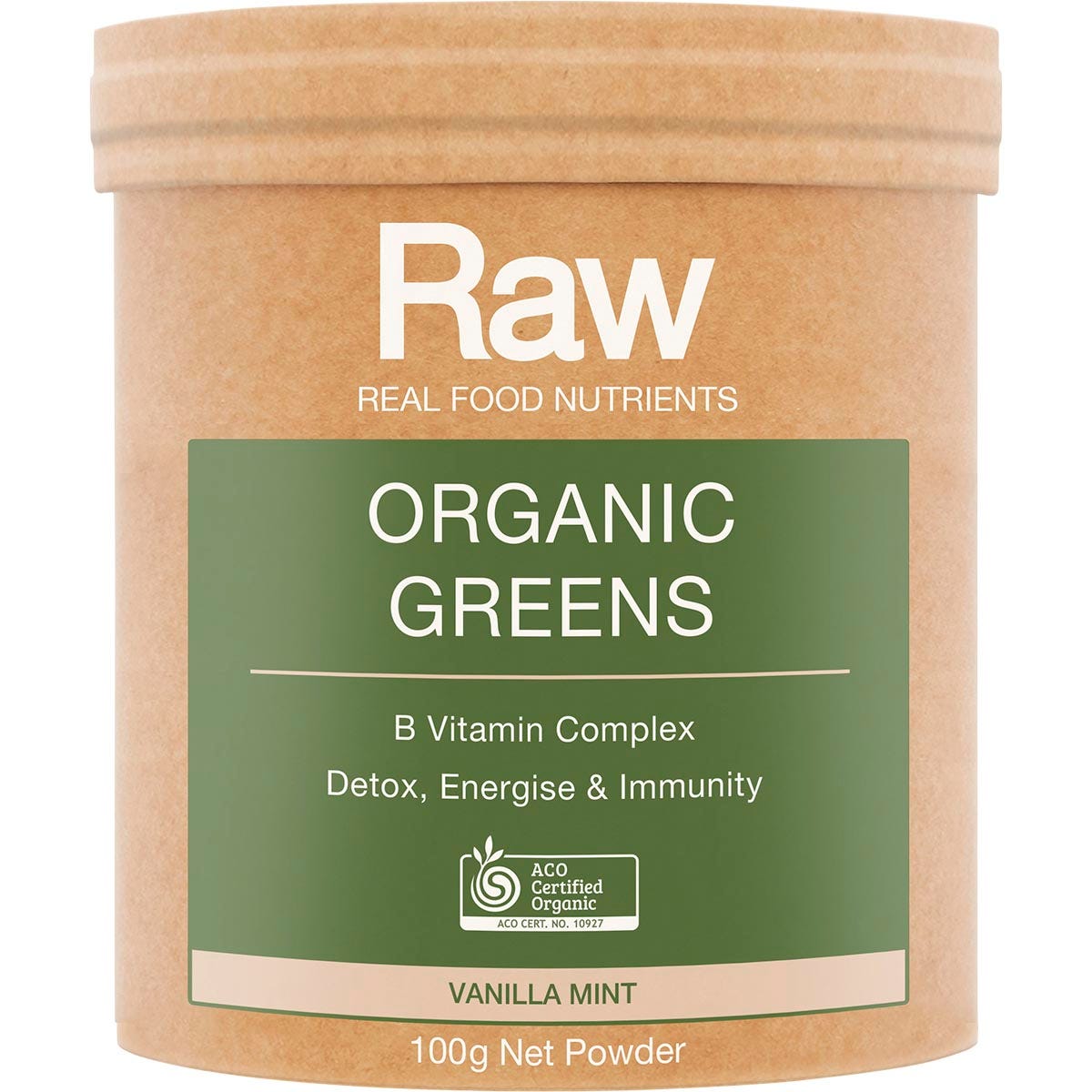 100g tub of Amazonia Raw Organic Greens Vanilla Mint featuring green botanical illustrations on a white background.