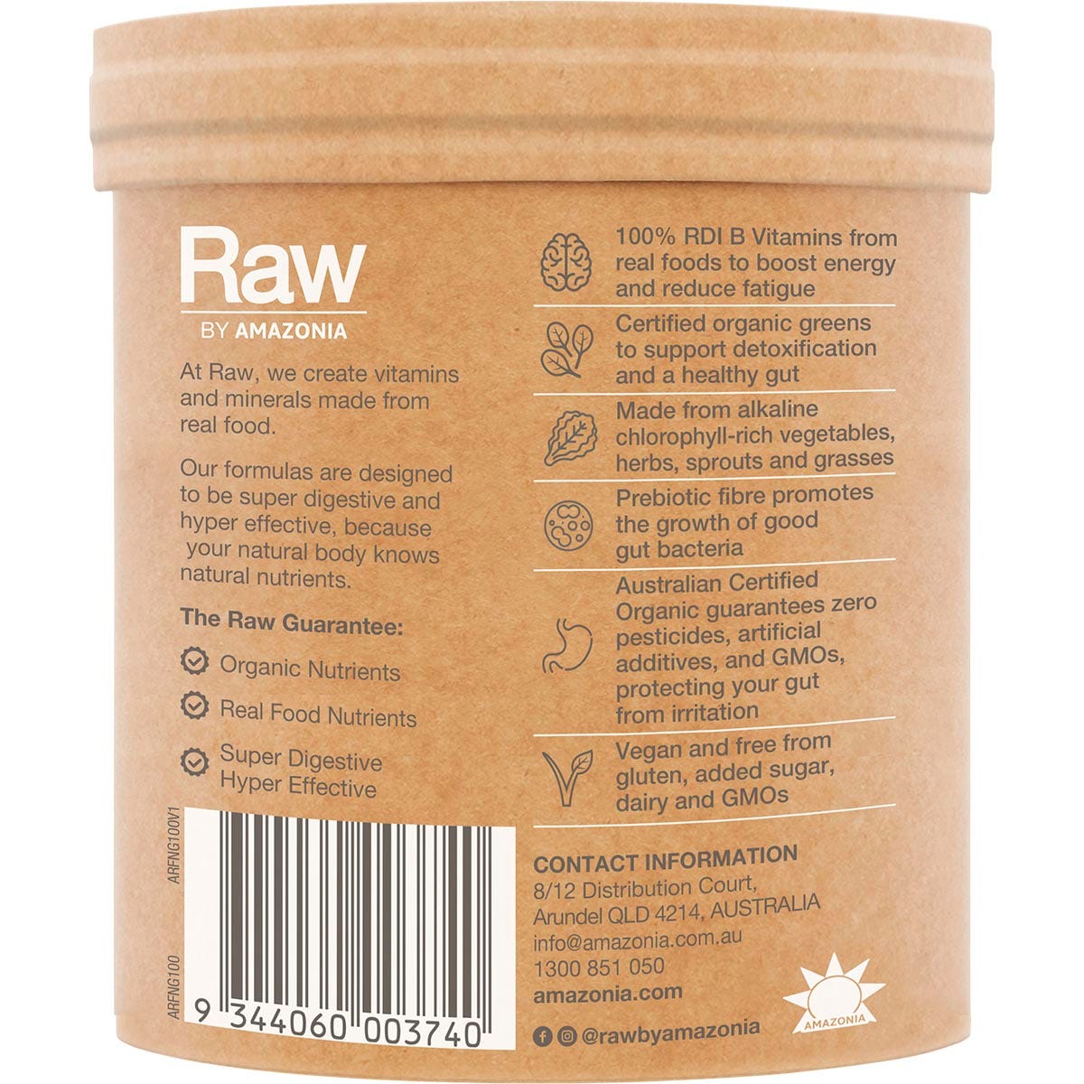 Side view of an Amazonia Raw Organic Greens Vanilla Mint 100g tub on a white background.