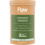 200g tub of Amazonia Raw Organic Greens Vanilla Mint with a green label featuring botanical illustrations.