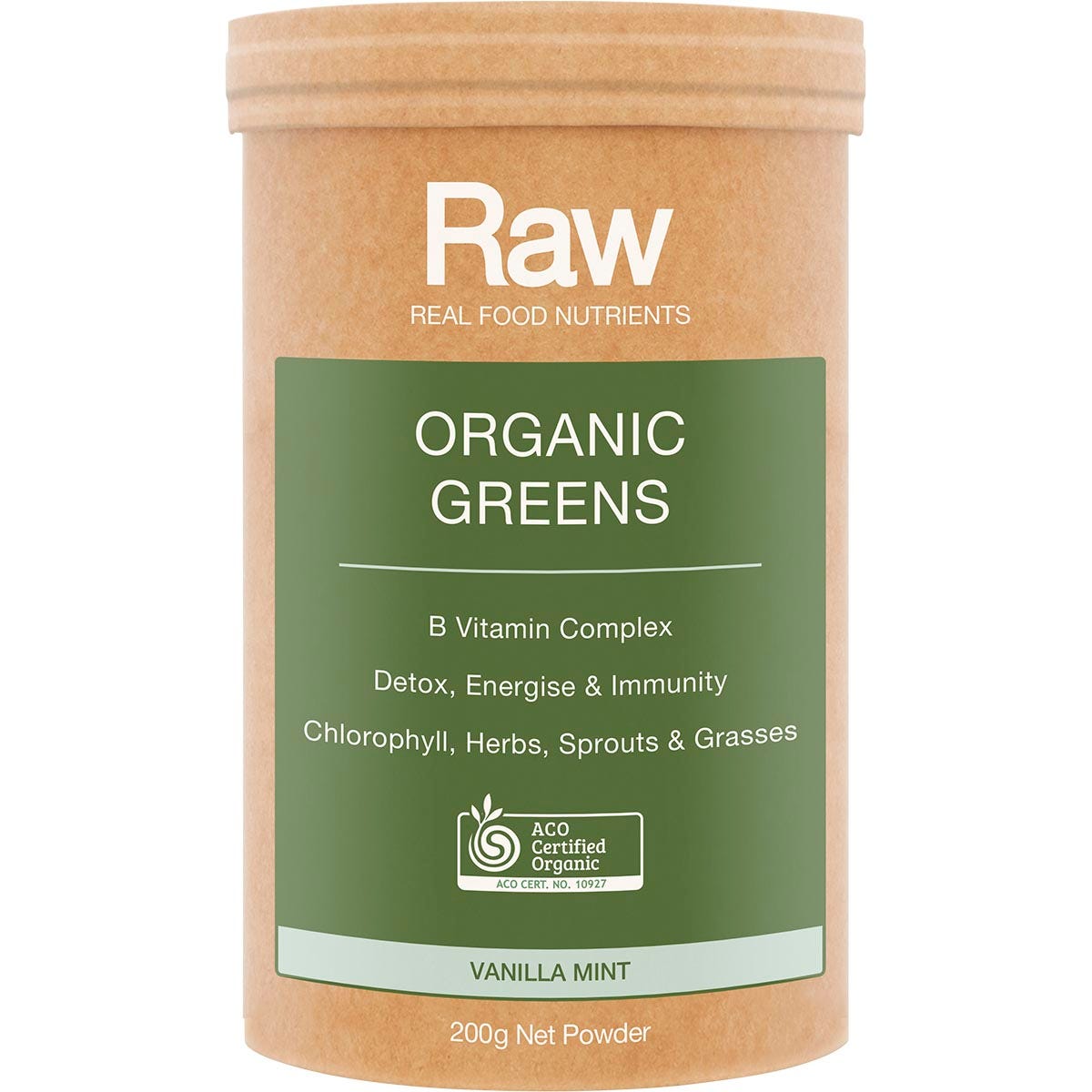 200g tub of Amazonia Raw Organic Greens Vanilla Mint with a green label featuring botanical illustrations.