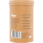Left-side view of a 200g tub of Amazonia Raw Organic Greens Vanilla Mint featuring botanical leaf illustrations.
