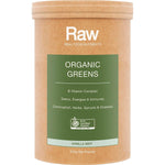 500g tub of Amazonia Raw Organic Greens Vanilla Mint with green botanical illustrations on a white background.