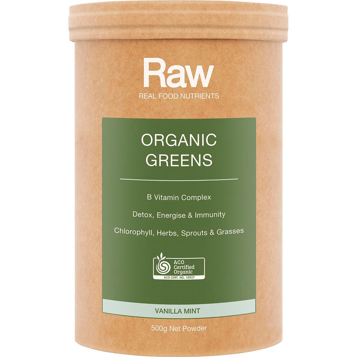 500g tub of Amazonia Raw Organic Greens Vanilla Mint with green botanical illustrations on a white background.