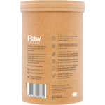 Side view of a 500g tub of Amazonia Raw Organic Greens Vanilla Mint showing ingredient and nutrition information.
