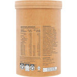 Side view of a 500g tub of Amazonia Raw Organic Greens Vanilla Mint showing directions and product features.