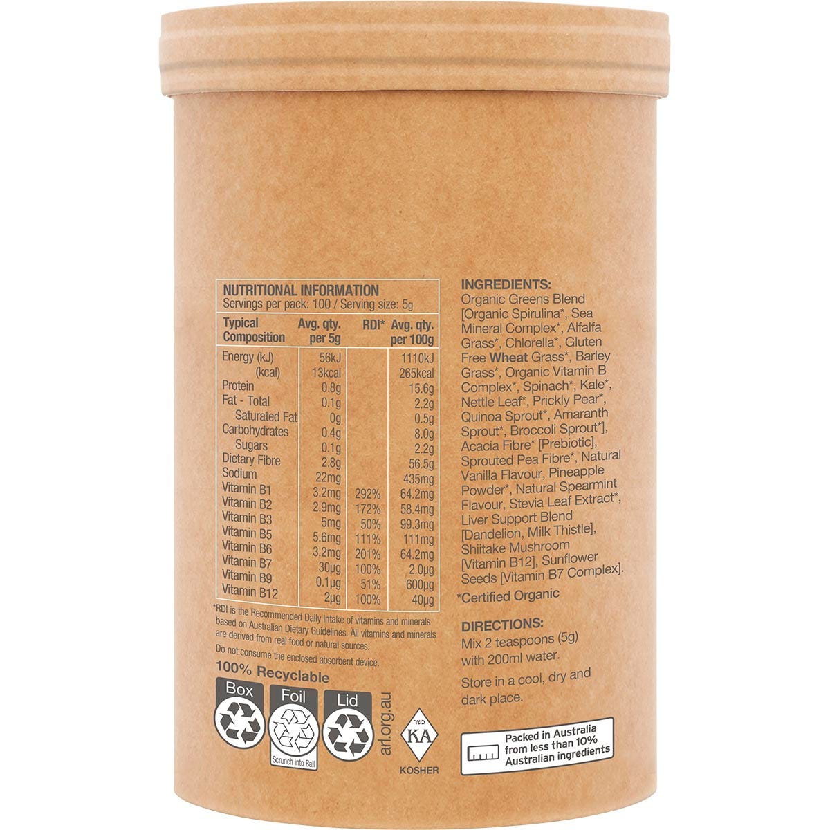 Side view of a 500g tub of Amazonia Raw Organic Greens Vanilla Mint showing directions and product features.