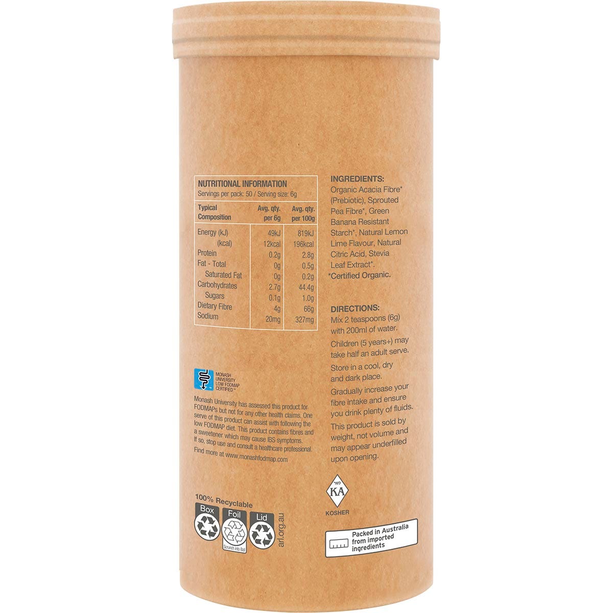 300g tub of Amazonia Raw Organic Fibre Lemon Lime shown from a side angle highlighting the zesty lemon lime flavor.