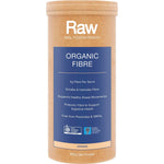 300g tub of Amazonia Raw Organic Fibre Orange featuring orange illustrations and prebiotic gut support benefits.