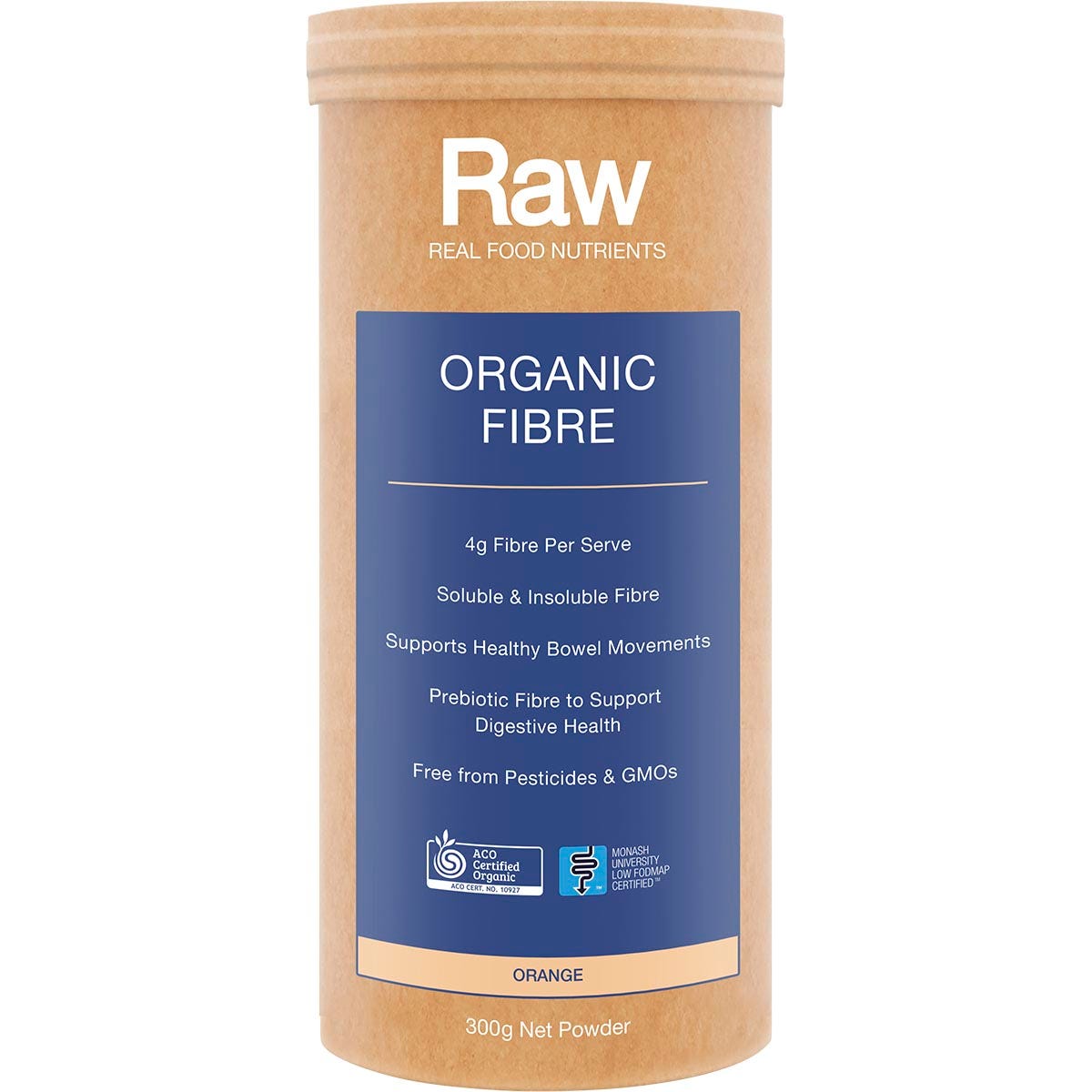 300g tub of Amazonia Raw Organic Fibre Orange featuring orange illustrations and prebiotic gut support benefits.