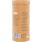 Side view of a 300g tub of Amazonia Raw Organic Fibre Orange featuring orange illustrations and gut health benefits.