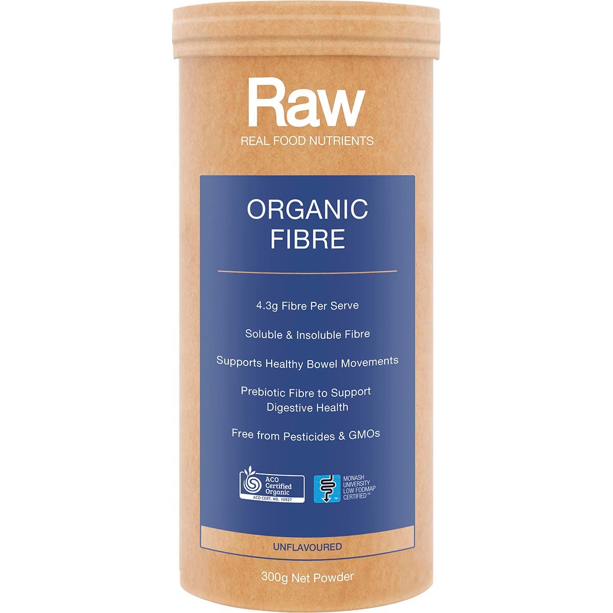 300g tub of Amazonia Raw Organic Fibre Unflavoured with a green botanical label on a white background.