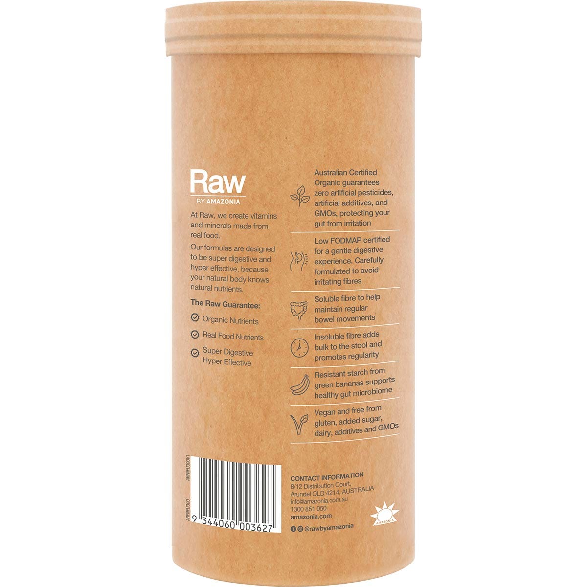 300g tub of Amazonia Raw Organic Fibre Unflavoured shown from the left side against a white background.