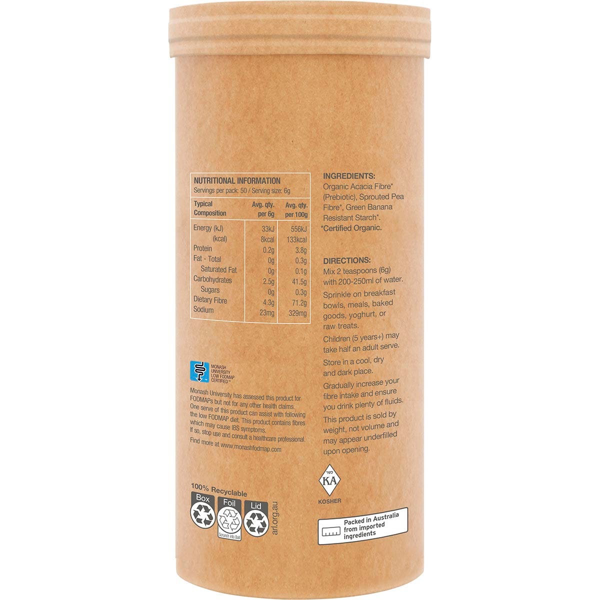 300g tub of Amazonia Raw Organic Fibre Unflavoured shown from a right side angle on a white background.