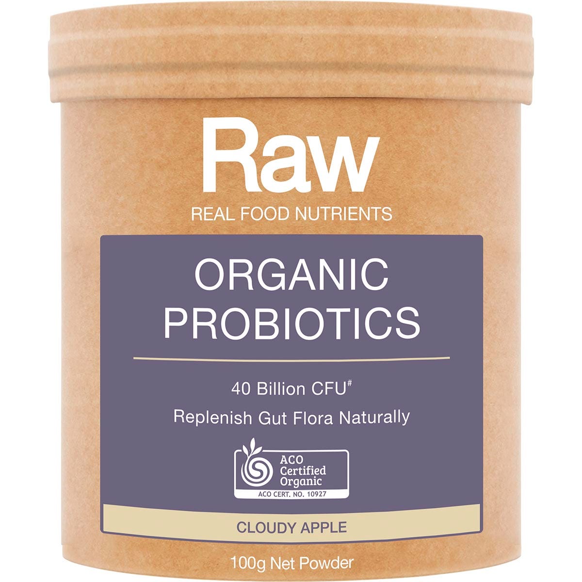 100g tub of Amazonia Raw Organic Probiotics Cloudy Apple featuring a green label with botanical illustrations.