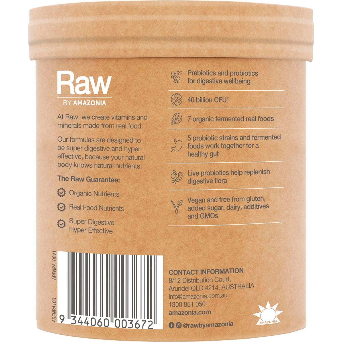 Side view of a 100g tub of Amazonia Raw Organic Probiotics Cloudy Apple showing the side panel on a white background.