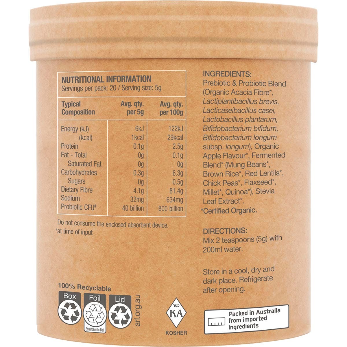 Right side view of a 100g tub of Amazonia Raw Organic Probiotics Cloudy Apple on a white background.