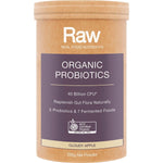 Amazonia Raw Organic Probiotics Cloudy Apple 200g tub with green apple and leaf illustrations on a white background.