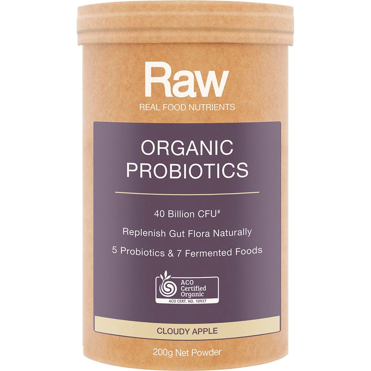 Amazonia Raw Organic Probiotics Cloudy Apple 200g tub with green apple and leaf illustrations on a white background.