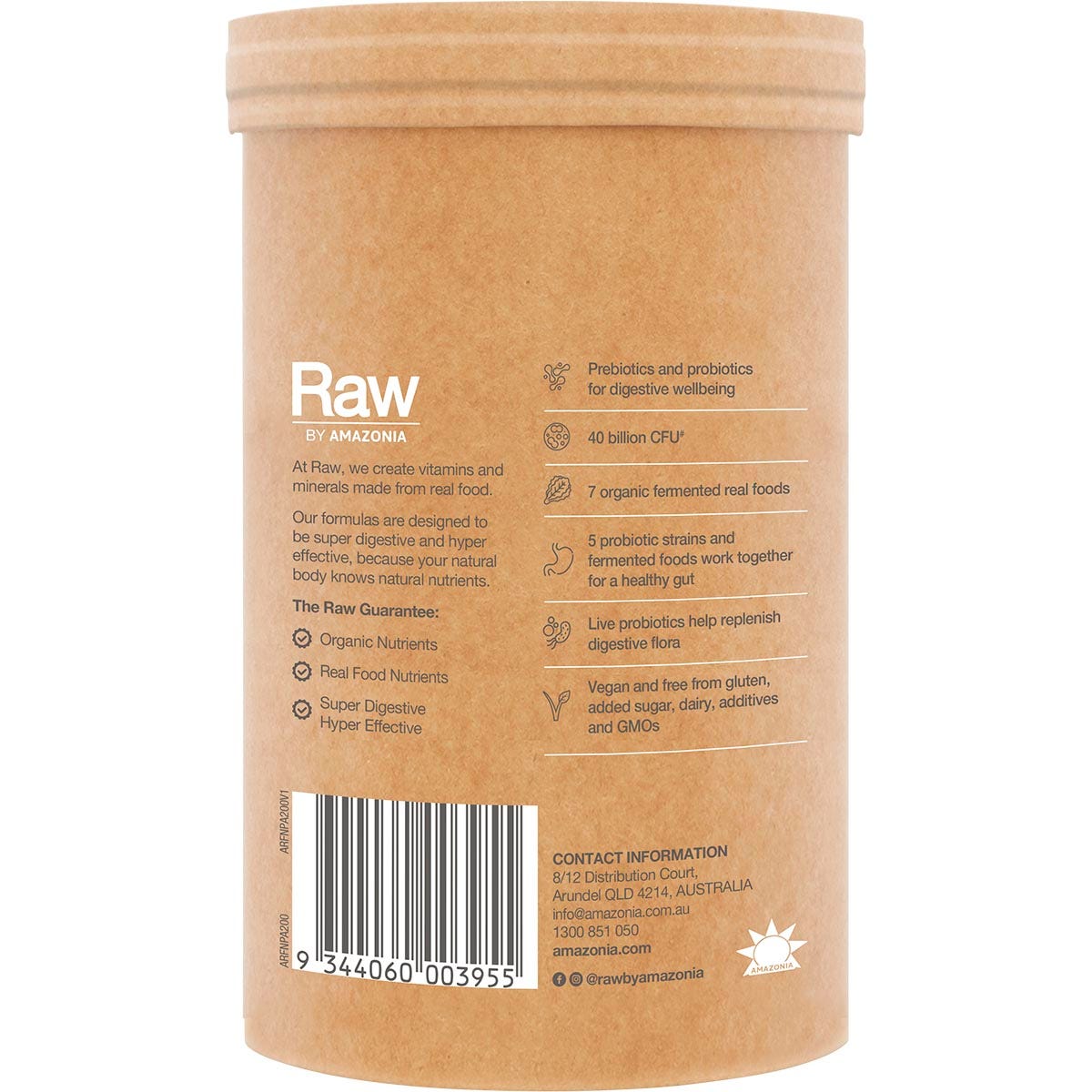 Side-angled view of an Amazonia Raw Organic Probiotics Cloudy Apple 200g tub on a white background.