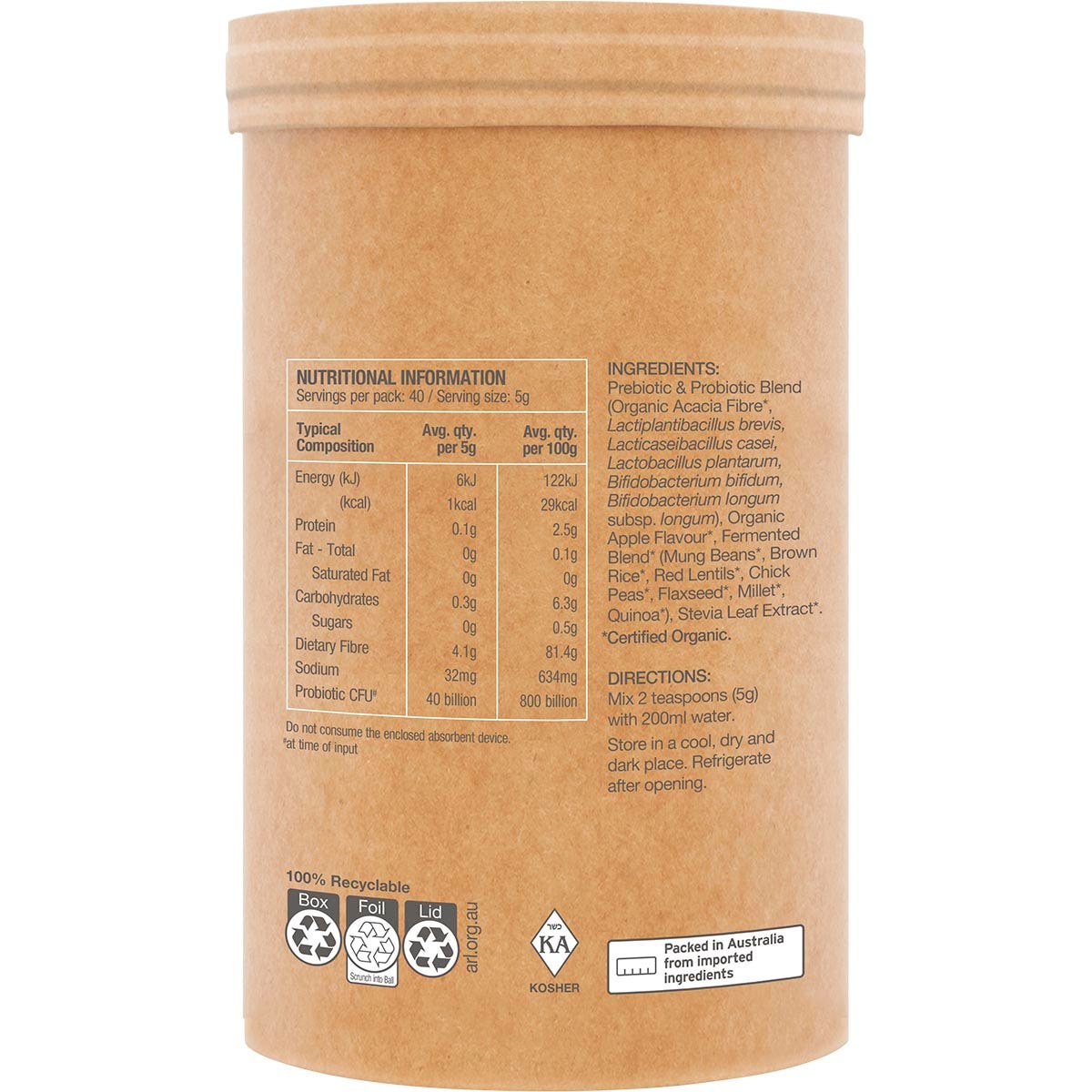 Side-angled view of an Amazonia Raw Organic Probiotics Cloudy Apple 200g tub on a white background.