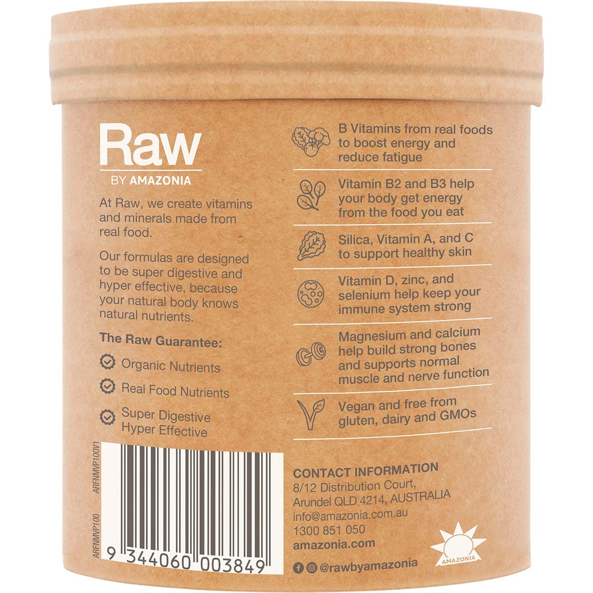 Amazonia Raw Organic Multivitamin Pineapple 100g tub angled to show ingredients and tropical leaf design.