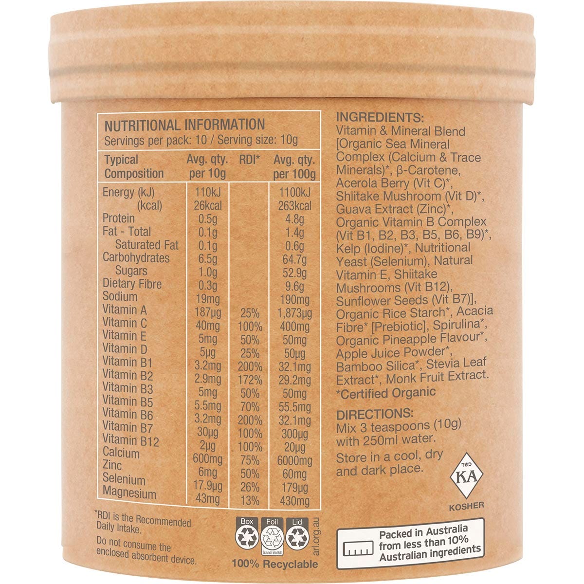 Amazonia Raw Organic Multivitamin Pineapple 100g tub angled to show product information and tropical design.