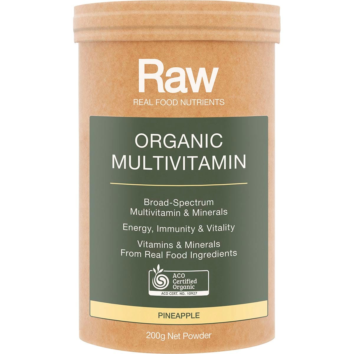 200g tub of Amazonia Raw Organic Multivitamin Pineapple with wholefood ingredients on a white background.