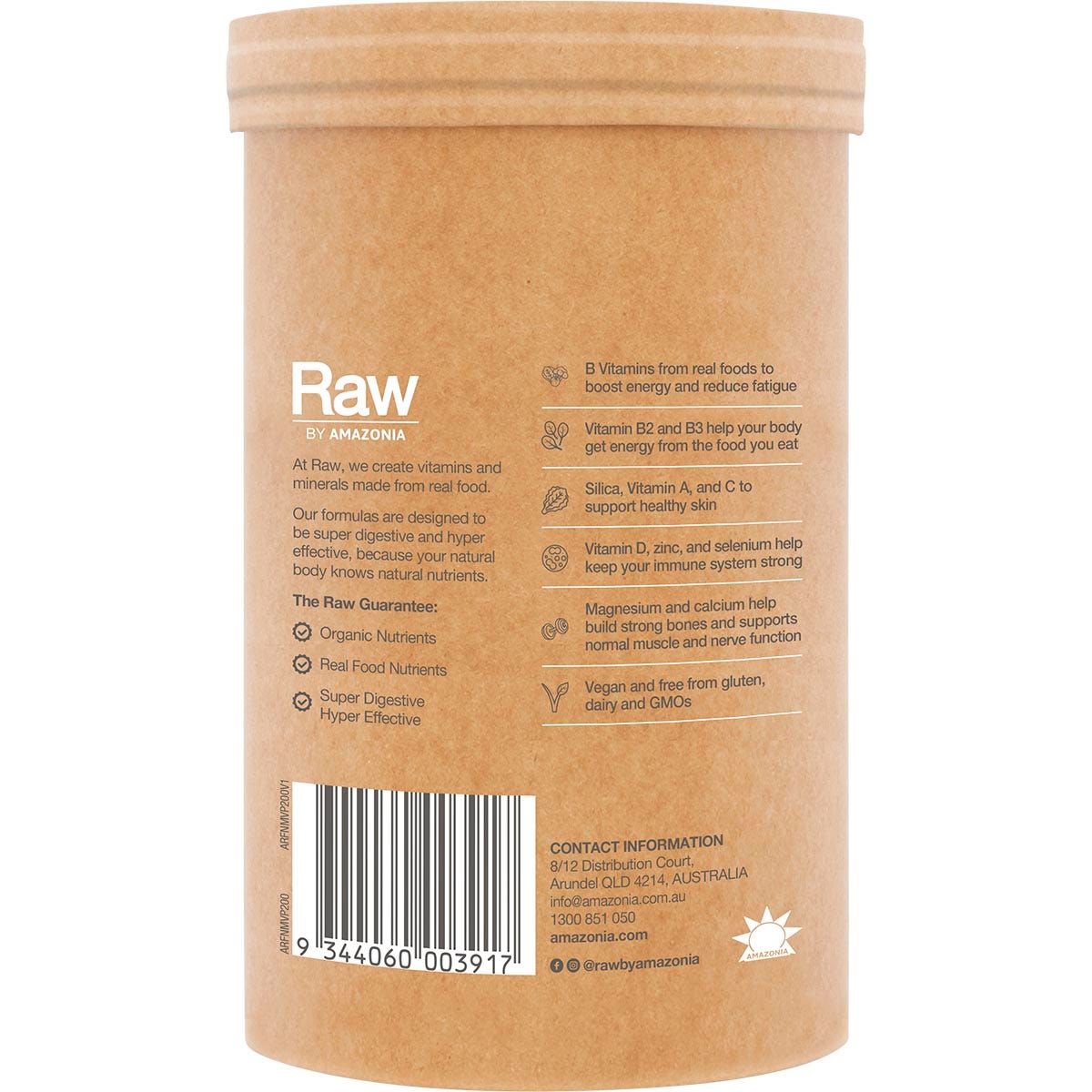 Amazonia Raw Organic Multivitamin Pineapple 200g tub shown from a side angle on a white background.