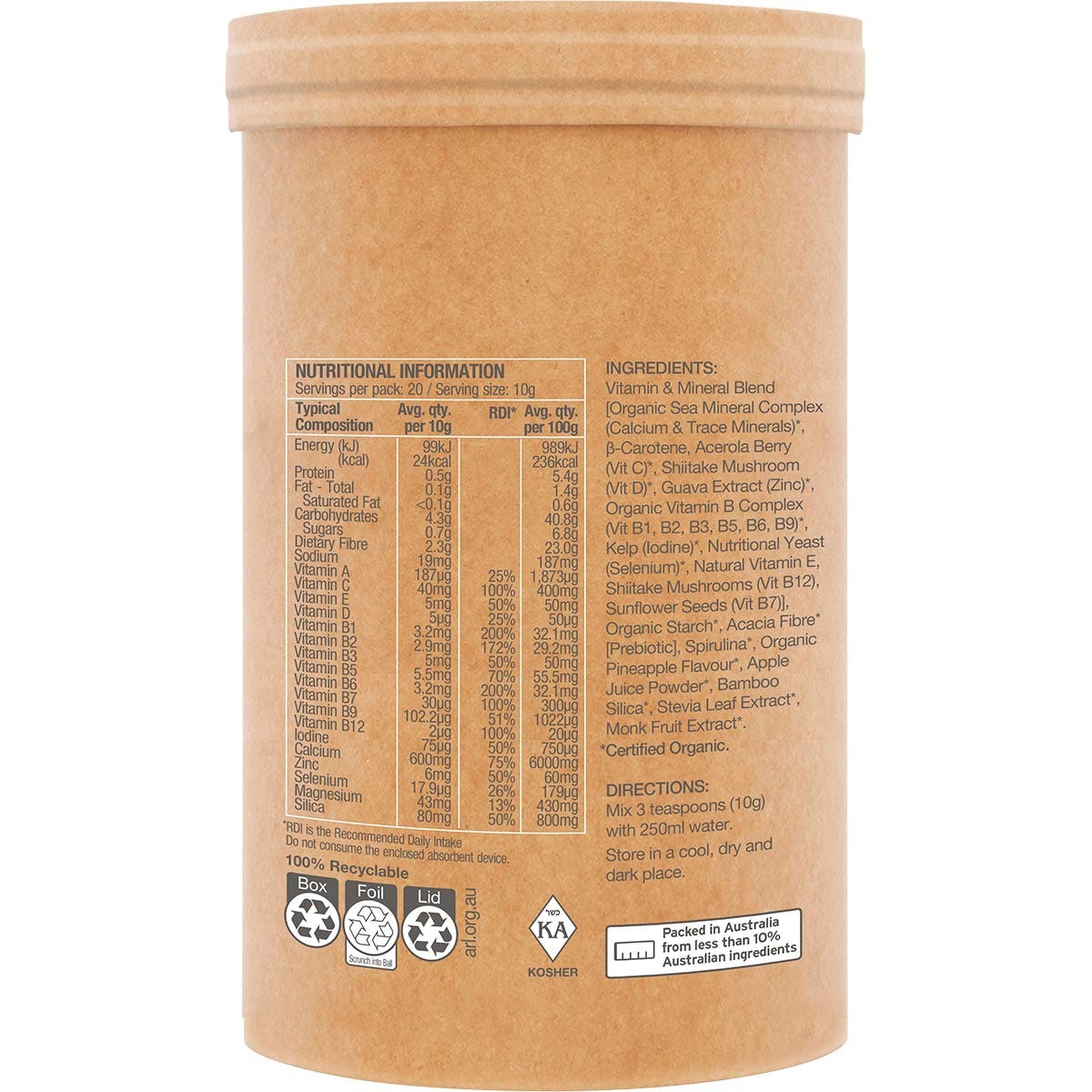 200g tub of Amazonia Raw Organic Multivitamin Pineapple shown from a side angle on a white background.