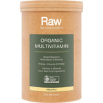Amazonia Raw Organic Multivitamin Pineapple 500g tub with green botanical illustrations on a white background.