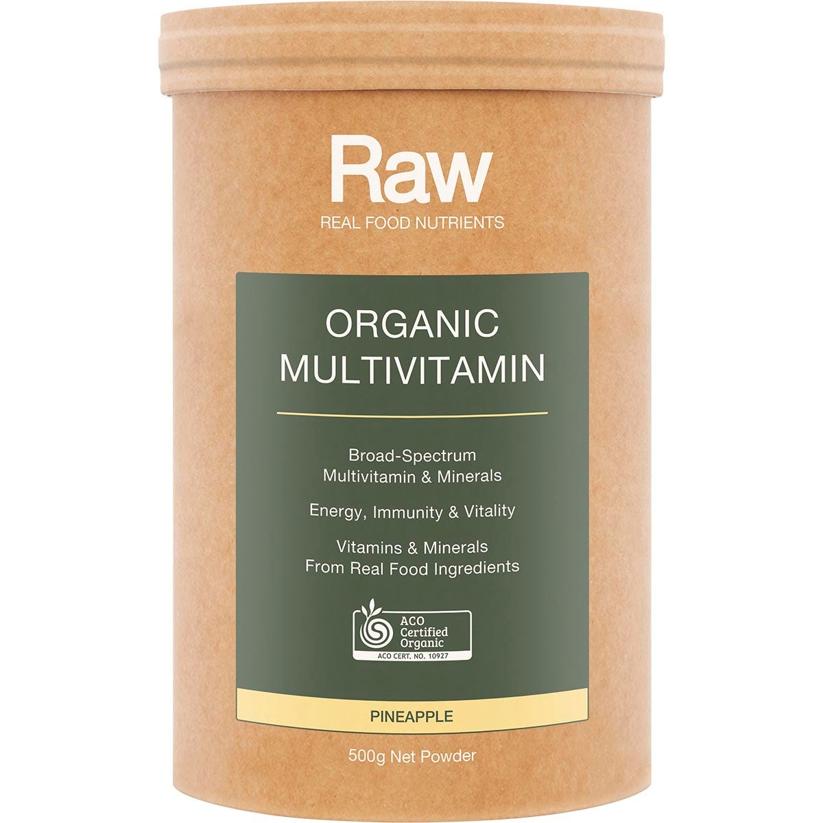 Amazonia Raw Organic Multivitamin Pineapple 500g tub with green botanical illustrations on a white background.