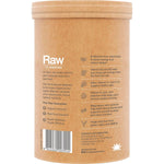 Side view of a 500g tub of Amazonia Raw Organic Multivitamin Pineapple showing nutritional information and ingredients.