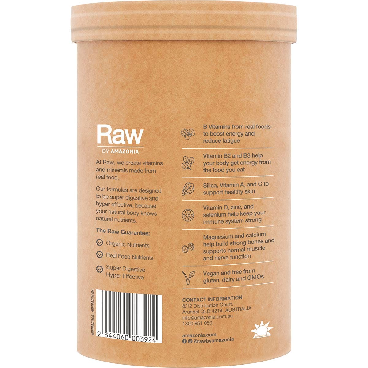 Side view of a 500g tub of Amazonia Raw Organic Multivitamin Pineapple showing nutritional information and ingredients.