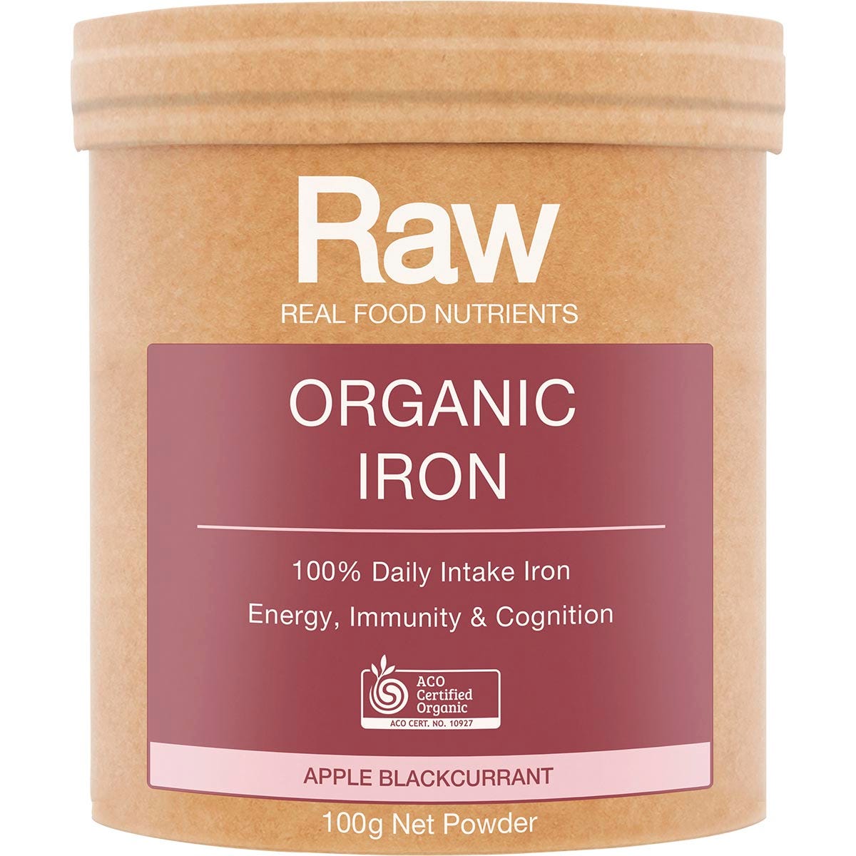100g tub of Amazonia Raw Organic Iron Apple Blackcurrant with a botanical-themed label on a white background.