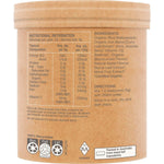 Side view of Amazonia Raw Organic Iron Apple Blackcurrant 100g tub with a botanical label on a white background.