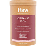 200g tub of Amazonia Raw Organic Iron Apple Blackcurrant with a white container and botanical illustrations.